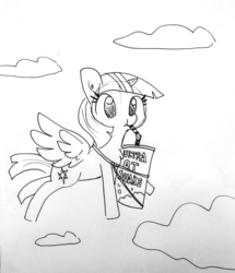 Size: 1384x1611 | Tagged: safe, artist:tjpones, twilight sparkle, alicorn, pony, g4, bendy straw, black and white, cloud, drink, drinking, drinking straw, ear fluff, female, flying, food, grayscale, lineart, mare, monochrome, qt, shake, solo, traditional art, twilight sparkle (alicorn)