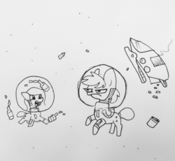 Size: 1484x1366 | Tagged: safe, artist:tjpones, oc, oc only, earth pony, pony, astronaut, black and white, bottle, drink, duo, female, floating, grayscale, grumpy, irrational exuberance, lineart, male, mare, monochrome, smiling, space, spaceship, spacesuit, stallion, traditional art