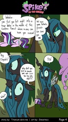 Size: 800x1440 | Tagged: safe, artist:emositecc, queen chrysalis, spike, starlight glimmer, changeling, changeling queen, dragon, pony, unicorn, comic:spike to the rescue, g4, season 8, comic, dialogue, female, male, speech bubble, spoiler, trio, winged spike, wings