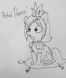 Size: 1367x1610 | Tagged: safe, artist:tjpones, oc, oc only, oc:princess pedigree, earth pony, pony, black and white, clothes, crown, dress, ear fluff, female, grayscale, jewelry, lineart, mare, monochrome, pillow, princess, regalia, sitting, solo, traditional art