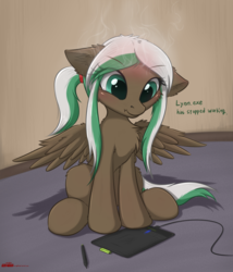 Size: 1638x1911 | Tagged: safe, artist:orang111, oc, oc only, oc:lynn, pegasus, pony, art block, braid, chest fluff, colored pupils, cute, drawing tablet, ear fluff, error message, female, looking at something, mare, ocbetes, scrunchy face, signature, sitting, smoke, solo, spread wings, stylus, tablet, tablet pen, text, wings