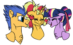 Size: 574x356 | Tagged: safe, artist:ficklepickle9421, flash sentry, sunset shimmer, twilight sparkle, alicorn, pony, series:sunlightsentry weekly, g4, bisexual, crying, eyes closed, female, flashlightshimmer, happy, horn, horn ring, lesbian, male, polyamory, ship:flashimmer, ship:flashlight, ship:sunsetsparkle, shipping, straight, tears of joy, twilight sparkle (alicorn)