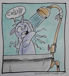 Size: 1588x1768 | Tagged: safe, artist:raph13th, trixie, pony, unicorn, g4, bathtub, cold, dialogue, female, floppy ears, mare, one eye closed, open mouth, shower, solo, traditional art, wet