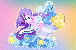 Size: 2625x1725 | Tagged: safe, artist:nanook123, starlight glimmer, trixie, pony, unicorn, g4, >:), abstract background, accessory swap, cape, clothes, colored pupils, cute, diatrixes, duo, featured image, female, glare, glimmerbetes, gradient background, grin, guardians of harmony, happy, hat, mare, open mouth, riding, rocket, smiling, smirk, smoke, sparkles, stars, sweet dreams fuel, toy, toy interpretation, trixie's cape, trixie's hat, trixie's rocket, windswept mane