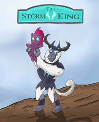 Size: 1300x1600 | Tagged: safe, artist:pacificgreen, fizzlepop berrytwist, storm king, tempest shadow, pony, unicorn, g4, my little pony: the movie, broken horn, circle of life, crossover, female, filly, holding a pony, horn, parody, pride rock, the lion king