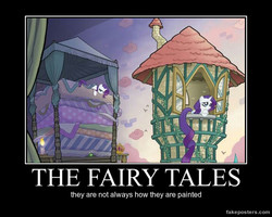 Size: 600x480 | Tagged: safe, rarity, g4, bed, demotivational poster, fairy tale, long tail, meme, poster, rapunzel, raripunzel, text, the princess and the pea, tower
