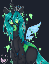 Size: 2271x2959 | Tagged: safe, artist:bunxl, queen chrysalis, changeling, changeling queen, g4, dark background, female, heart, heart eyes, high res, looking at you, solo, tongue out, wingding eyes