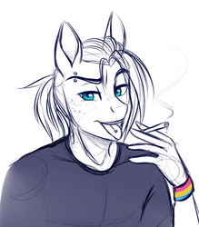 Size: 2367x2702 | Tagged: safe, artist:askbubblelee, oc, oc only, oc:singe, anthro, anthro oc, cigarette, clothes, freckles, high res, male, pansexual, piercing, rebel, shirt, simple background, sketch, solo, stallion, teenager, tongue out, tongue piercing, white background