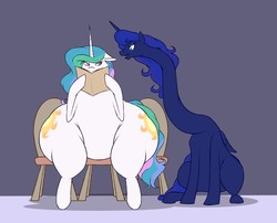 Size: 1280x1035 | Tagged: safe, artist:astr0zone, princess celestia, princess luna, pony, g4, both cutie marks, chubby, chubbylestia, duo, fat, female, fetish, huge butt, impossibly large butt, impossibly long neck, impossibly wide ass, impossibly wide hips, large butt, long neck, morbidly obese, necc, neck, obese, princess luneck, reading, sitting, wide hips, wide load