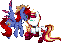 Size: 253x181 | Tagged: safe, artist:sketchyhowl, oc, oc only, oc:nightshade, oc:vanilla, pegasus, pony, unicorn, animated, colored wings, colored wingtips, female, gif, mare, nuzzling, pixel art, prone, simple background, transparent background