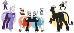 Size: 2119x953 | Tagged: safe, artist:ggchristian, devil, pony, unicorn, bowtie, clothes, cuphead, cuphead (character), king dice, mugman, ponified, raised hoof, the devil