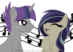 Size: 1024x732 | Tagged: safe, artist:ipandacakes, oc, oc only, oc:crescendo, oc:tessitura, earth pony, pony, unicorn, g4, my little pony: the movie, female, magical lesbian spawn, male, mare, music notes, oc x oc, offspring, offspring shipping, parent:coloratura, parent:shadow lock, parent:songbird serenade, parent:twilight sparkle, parents:twilock, shipping, simple background, stallion, straight, transparent background