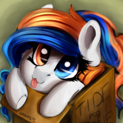 Size: 604x604 | Tagged: safe, artist:beardie, artist:spoopygander, oc, oc only, oc:tide pod, food pony, pony, :p, box, collaboration, cute, heterochromia, pony in a box, silly, solo, tide pods, tide pony, tongue out