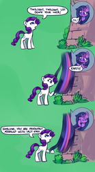 Size: 2226x4000 | Tagged: safe, artist:lilfunkman, rarity, twilight sparkle, pony, unicorn, g4, comic, cute, darling, dialogue, facehoof, female, frown, green background, hoof hold, lesbian, long mane, looking up, mare, open mouth, parody, raised hoof, rapunzel, ship:rarilight, shipping, simple background, smiling, speech bubble, tower