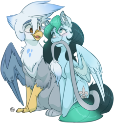 Size: 3000x3216 | Tagged: safe, artist:kez, oc, oc only, oc:ganix, oc:liz, griffon, pegasus, pony, biting, blushing, claws, couple, cute, ear piercing, galiz, high res, interspecies, piercing, romantic, shipping, simple background, sitting, smiling, tail bite, talons, transparent background, two toned mane, wings