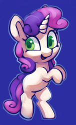Size: 517x851 | Tagged: safe, artist:lilfunkman, sweetie belle, pony, unicorn, g4, bipedal, blank flank, blue background, colored pupils, female, filly, looking at you, open mouth, purple background, raised hoof, simple background, smiling, solo, style emulation