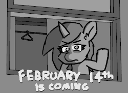 Size: 1500x1100 | Tagged: safe, artist:threetwotwo32232, oc, oc only, oc:fizzy pop, pony, unicorn, animated, blind, clothes hanger, female, holiday, male, mare, parody, solo, text, the simpsons, valentine's day