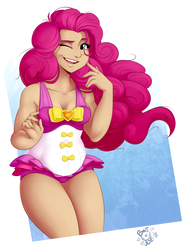 Size: 1850x2500 | Tagged: safe, artist:ponut_joe, pinkie pie, human, equestria girls, equestria girls specials, g4, my little pony equestria girls: better together, my little pony equestria girls: forgotten friendship, attached skirt, bow swimsuit, breasts, chubby, cleavage, clothes, collarbone, female, frilled swimsuit, human coloration, humanized, jeweled swimsuit, one eye closed, one-piece swimsuit, open mouth, pink swimsuit, plump, ponk, sexy, skirt, smiling, solo, swimsuit, tan skin, thighs, tricolor swimsuit, wink