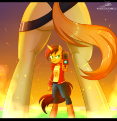 Size: 1260x1300 | Tagged: safe, artist:the-butch-x, oc, oc only, oc:high impact, oc:lodestar, unicorn, anthro, unguligrade anthro, anthro oc, ass, belt, butt, clothes, commission, crossover, duo, female, for your eyes only, framed by legs, gun, highstar, jacket, james bond, male, mare, movie reference, rear view, stallion, swimsuit, weapon