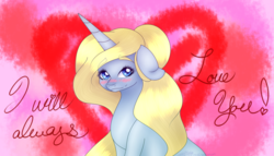 Size: 1024x585 | Tagged: safe, artist:sachanart, oc, oc only, oc:amethyst, pony, unicorn, blushing, bust, female, floppy ears, heart, mare, portrait, solo