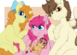 Size: 700x500 | Tagged: safe, artist:mintbubbie, pinkie pie, pound cake, pumpkin cake, oc, oc:neopolitan swirl, pony, g4, baby, baby pony, offspring, older, parent:cheese sandwich, parent:pinkie pie, parents:cheesepie