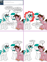 Size: 1204x1604 | Tagged: safe, artist:dekomaru, oc, oc only, oc:dazzle, oc:matthew trotswright, oc:veronica, earth pony, pony, unicorn, tumblr:ask twixie, ask, comic, cowboy hat, female, hat, magic, mare, sunglasses, tumblr