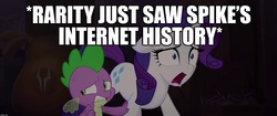 Size: 1920x804 | Tagged: safe, edit, edited screencap, screencap, rarity, spike, dragon, pony, unicorn, g4, my little pony: the movie, caption, disgusted, female, image macro, implied porn, implied shipping, implied sparity, implied straight, internet, internet history, male, mare, meme, shocked