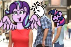 Size: 564x375 | Tagged: artist needed, safe, starlight glimmer, twilight sparkle, alicorn, human, anthro, g4, alicornified, distracted boyfriend meme, hasbro, irl, irl human, meme, photo, race swap, starlicorn, twilight sparkle (alicorn)