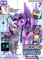 Size: 800x1131 | Tagged: safe, artist:vavacung, princess ember, queen chrysalis, shining armor, starlight glimmer, thorax, trixie, twilight sparkle, oc, oc:alternate dawn, oc:apple eden, alicorn, changeling, dragon, pony, unicorn, comic:crazy alternate future 3: science and magic, g4, art pack, art pack cover, comic, dragon lord ember, female, male, patreon, pokémon, twilight sparkle (alicorn)