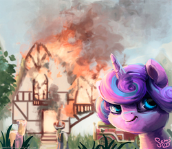 Size: 800x695 | Tagged: safe, artist:nemo2d, princess flurry heart, alicorn, pony, g4, :t, disaster girl, evil flurry heart, female, filly, fire, firefighter, flurry heart ruins everything, foal, lineless, looking at you, meme, parody, ponified meme, pure unfiltered evil, smiling, smug, solo, some mares just want to watch the world burn