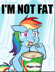 Size: 478x626 | Tagged: safe, artist:madmax, edit, rainbow dash, pegasus, pony, g4, comfort eating, crying, eating, female, food, häagen-dazs, ice cream, image macro, meme, pun, solo, this will end in weight gain