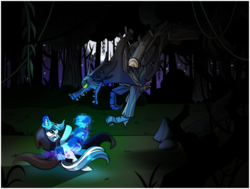 Size: 7300x5526 | Tagged: safe, artist:estories, oc, oc only, oc:frozen droplet, pony, timber wolf, unicorn, absurd resolution, card, cloak, clothes, female, magic, mare, night, solo