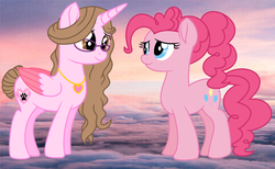 Size: 1024x632 | Tagged: safe, artist:cindystarlight, pinkie pie, oc, oc:cindy, alicorn, pony, g4, alicorn oc, base used, cloud, colored wings, colored wingtips, female, mare