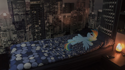Size: 2560x1440 | Tagged: safe, artist:jengas, rainbow dash, pony, g4, bed, irl, lamp, photo, ponies in real life, real life background, sad, solo
