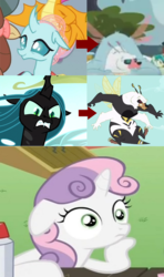 Size: 672x1134 | Tagged: safe, edit, edited screencap, screencap, ocellus, queen chrysalis, sandbar, smolder, sweetie belle, yona, bugbear, changedling, changeling, changeling queen, g4, ponyville confidential, school daze, slice of life (episode), bugbear ocellus, disguise, disguised changeling, female, image macro, meme, paw pads, sudden clarity sweetie belle, what if