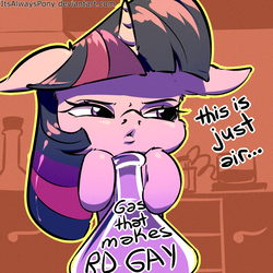 Size: 2000x2000 | Tagged: safe, artist:itsalwayspony, twilight sparkle, pony, g4, beaker, derail in the comments, dialogue, female, floppy ears, high res, love potion, mare, solo, speech, squint