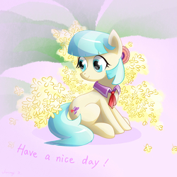 Size: 1748x1748 | Tagged: safe, artist:jeremywithlove, coco pommel, earth pony, pony, g4, cocobetes, cute, female, flower, looking away, sitting, smiling, solo, turned head