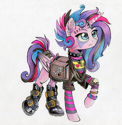 Size: 800x823 | Tagged: safe, artist:maytee, princess flurry heart, alicorn, pony, g4, boots, bracelet, censored vulgarity, choker, clothes, dyed mane, ear piercing, earring, female, horn, horn ring, it's not a phase, jewelry, older, older flurry heart, piercing, princess emo heart, saddle bag, shoes, solo, teenager