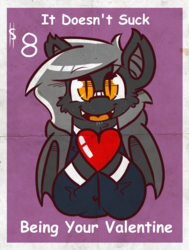 Size: 826x1090 | Tagged: safe, artist:tranzmuteproductions, oc, oc only, oc:tranzmute, bat pony, pony, bat pony oc, bat wings, bust, card, clothes, female, heart, holiday, male, mare, smiling, solo, stallion, suit, valentine's day, wings