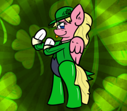 Size: 798x700 | Tagged: safe, artist:tranzmuteproductions, oc, oc only, oc:sweetie bloom, pegasus, pony, :p, bipedal, clothes, clover, female, hat, holiday, latex, latex socks, looking at you, mare, necktie, pegasus oc, saint patrick's day, smiling, smiling at you, socks, solo, suit, tongue out, wings