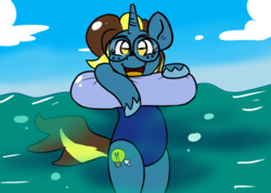 Size: 1079x768 | Tagged: safe, artist:tranzmuteproductions, oc, oc only, oc:bright idea, pony, unicorn, blue swimsuit, clothes, female, float ring, glasses, legs together, mare, one-piece swimsuit, solo, swimming, swimsuit, water