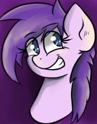 Size: 568x725 | Tagged: safe, artist:tranzmuteproductions, oc, oc only, oc:purple roselyn, earth pony, pony, bust, earth pony oc, eye clipping through hair, eyelashes, female, gradient background, grin, mare, portrait, smiling, solo