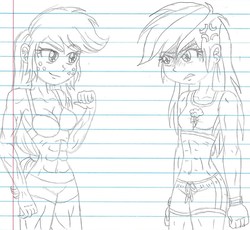 Size: 1187x1091 | Tagged: safe, artist:haleyc4629, applejack, rainbow dash, equestria girls, g4, applejacked, cross-popping veins, inspired by another artist, lined paper, manga attempt, muscles, traditional art