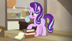 Size: 1280x720 | Tagged: safe, screencap, starlight glimmer, pony, unicorn, g4, uncommon bond, blushing, book, embarrassed, female, mare, raised hoof, solo