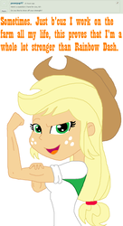 Size: 940x1728 | Tagged: safe, artist:haleyc4629, applejack, equestria girls, g4, applejacked, deviantart, eqg: ask applejack, female, muscles, rosie the riveter, solo