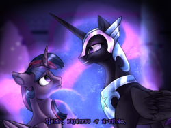 Size: 2404x1804 | Tagged: safe, artist:not-ordinary-pony, twilight sparkle, alicorn, pony, g4, dialogue, female, helmet, looking at each other, mare, midnight sparkle, nightmare twilight, nightmarified, self ponidox, twilight sparkle (alicorn)
