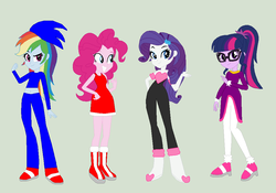 Size: 990x692 | Tagged: safe, artist:eli-j-brony, pinkie pie, rainbow dash, rarity, sci-twi, twilight sparkle, equestria girls, g4, amy rose, blaze the cat, boots, clothes, costume, crossover, eqg promo pose set, gray background, male, rouge the bat costume, shoes, simple background, sonic the hedgehog, sonic the hedgehog (series)