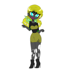 Size: 1944x2592 | Tagged: safe, artist:galaxiedream, derpy hooves, changeling, human, g4, alternate hairstyle, alternate universe, boots, changelingified, clothes, cute, cute little fangs, derpabetes, derpling, dress, fangs, female, high heel boots, humanized, moe, open mouth, pantyhose, ripped pantyhose, shoes, simple background, skirt, solo, species swap, transparent background, winged humanization, wings