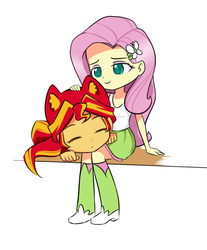 Size: 629x760 | Tagged: safe, artist:twilite-sparkleplz, fluttershy, sunset shimmer, equestria girls, g4, behaving like a cat, boots, cat ears, clothes, cute, daaaaaaaaaaaw, eyes closed, female, happy, head pat, lesbian, pat, petting, shimmerbetes, ship:sunshyne, shipping, shirt, shoes, simple background, skirt, sleeping, smiling, socks, tank top, weapons-grade cute, white background