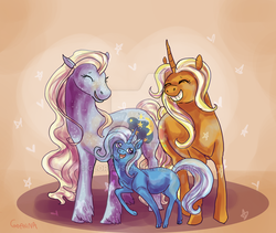 Size: 800x676 | Tagged: safe, artist:gloriaus, idw, moondancer (g3), sunflower spectacle, trixie, pony, unicorn, g4, spoiler:comic, spoiler:comic40, dandydancer, female, filly, grin, happy, lesbian, magical lesbian spawn, offspring, shipping, smiling, watermark, younger